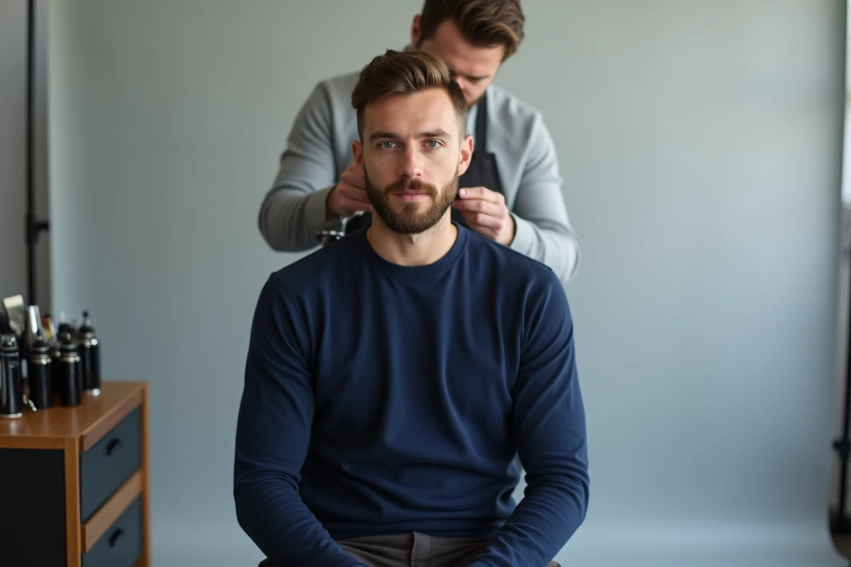 Homme au grand front se faisant couper les cheveux courts par un barbier dans un studio épuré, coupe tendance adaptée