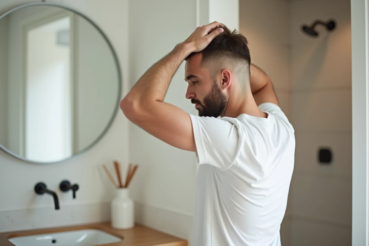 Jeune homme au grand front inspectant sa nouvelle coupe courte devant le miroir de salle de bain chez lui