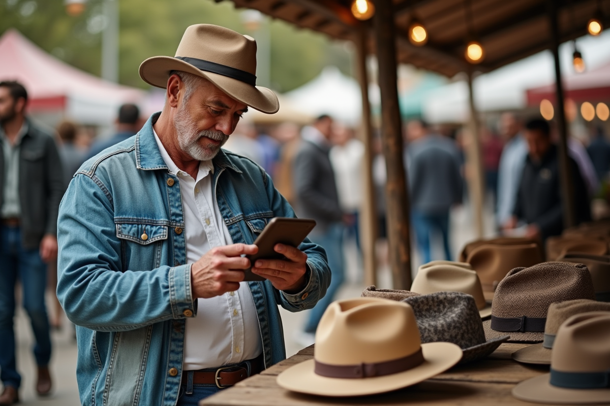 Homme essayant des chapeaux au marché en plein air
