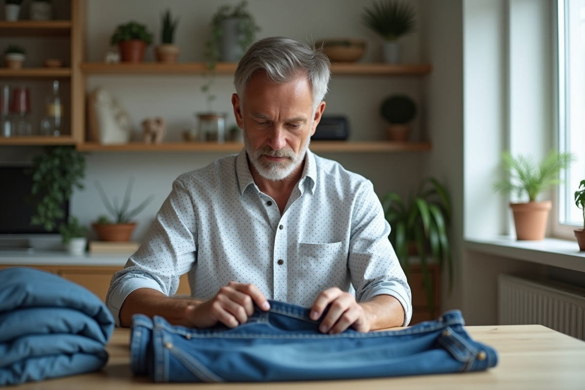 Homme regarde les coutures d