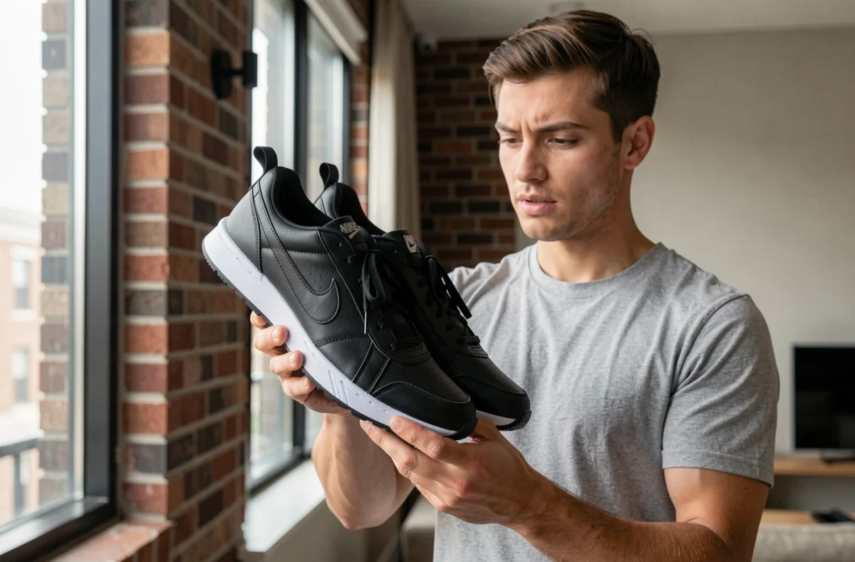 Homme inspectant attentivement deux sneakers Nike pour détecter une contrefaçon dans un appartement moderne