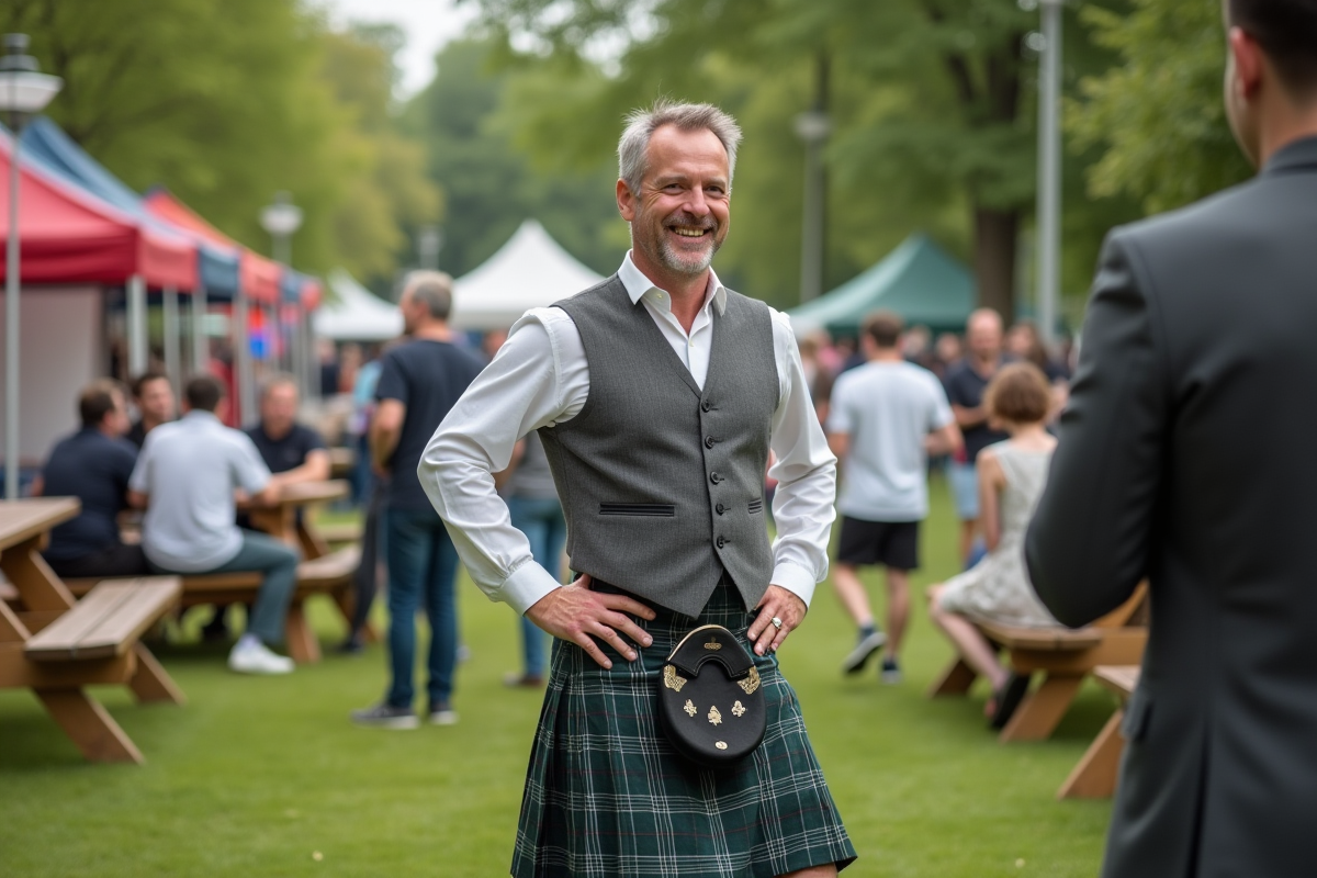 Homme en kilt discutant lors d’un festival en plein air