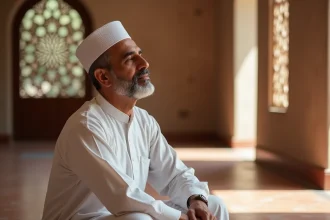 Homme portant un kufi blanc brodé en coton, assis en position de prière dans une mosquée aux carreaux terracotta