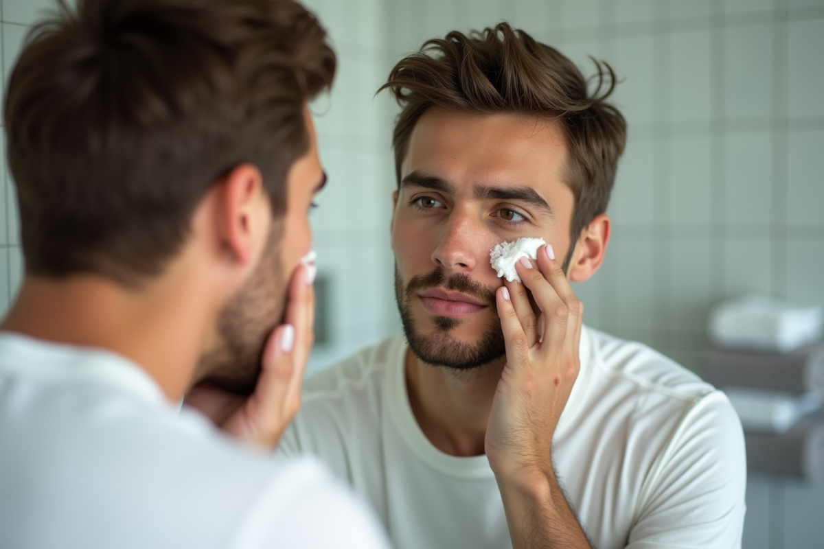 Homme appliquant une creme dans sa salle de bain lumineuse