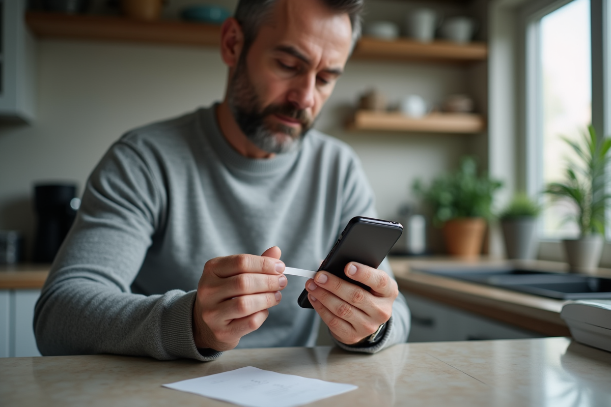 Homme mesurant son doigt avec un papier et smartphone