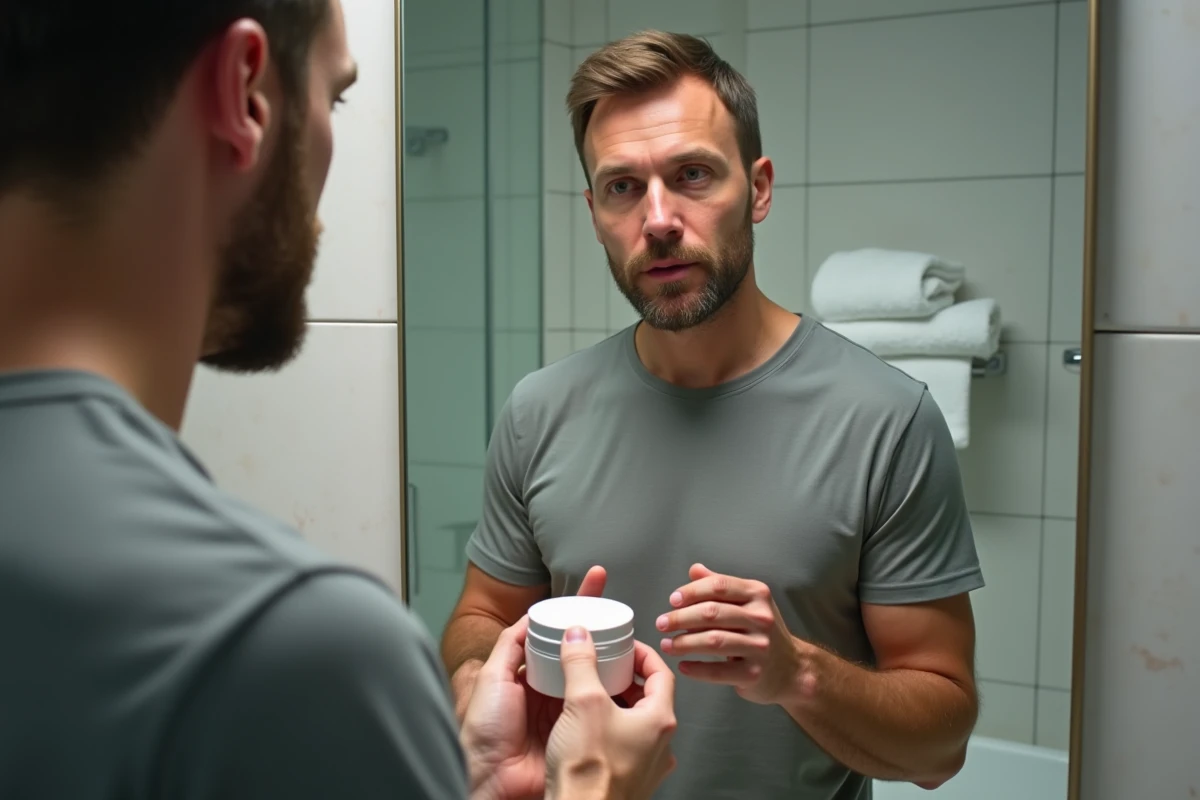 Homme regardant un pot de crème dans la salle de bain