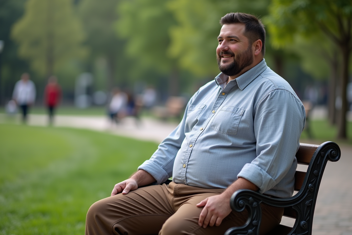 Homme en chemise casual assis sur un banc dans un parc
