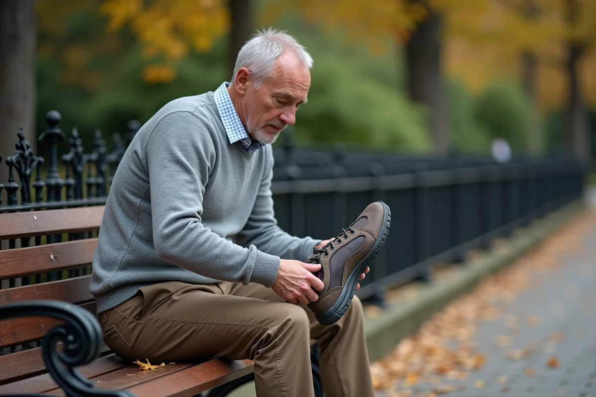 Homme dans un parc urbain examinant la semelle intérieure de sa chaussure de marche confortable