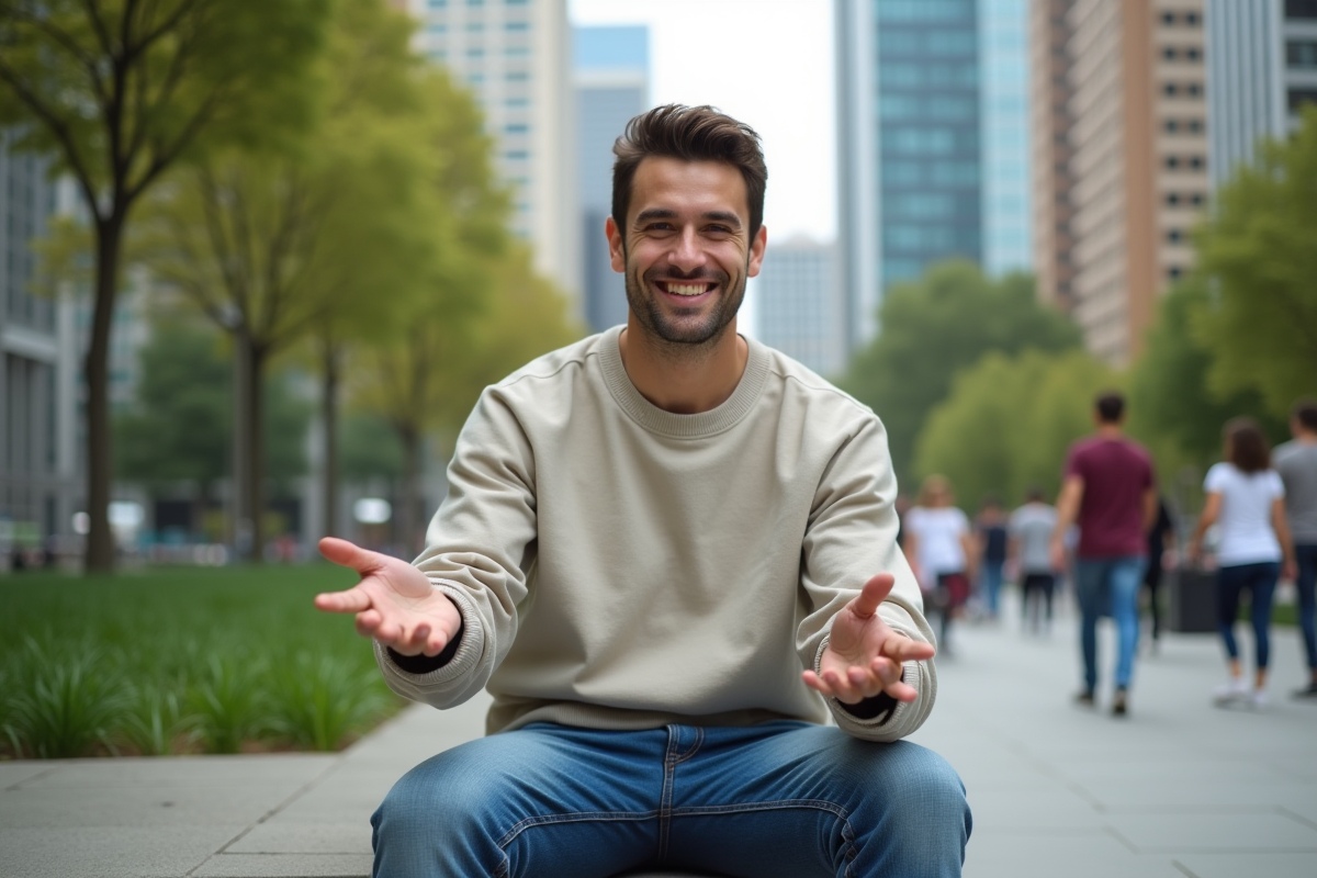 Homme jeune enregistrant une video dans un parc urbain