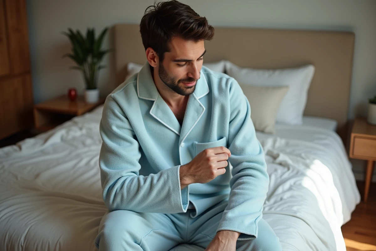 Homme en pyjama pilou bleu pâle assis sur un lit, inspectant la qualité du tissu flanelle