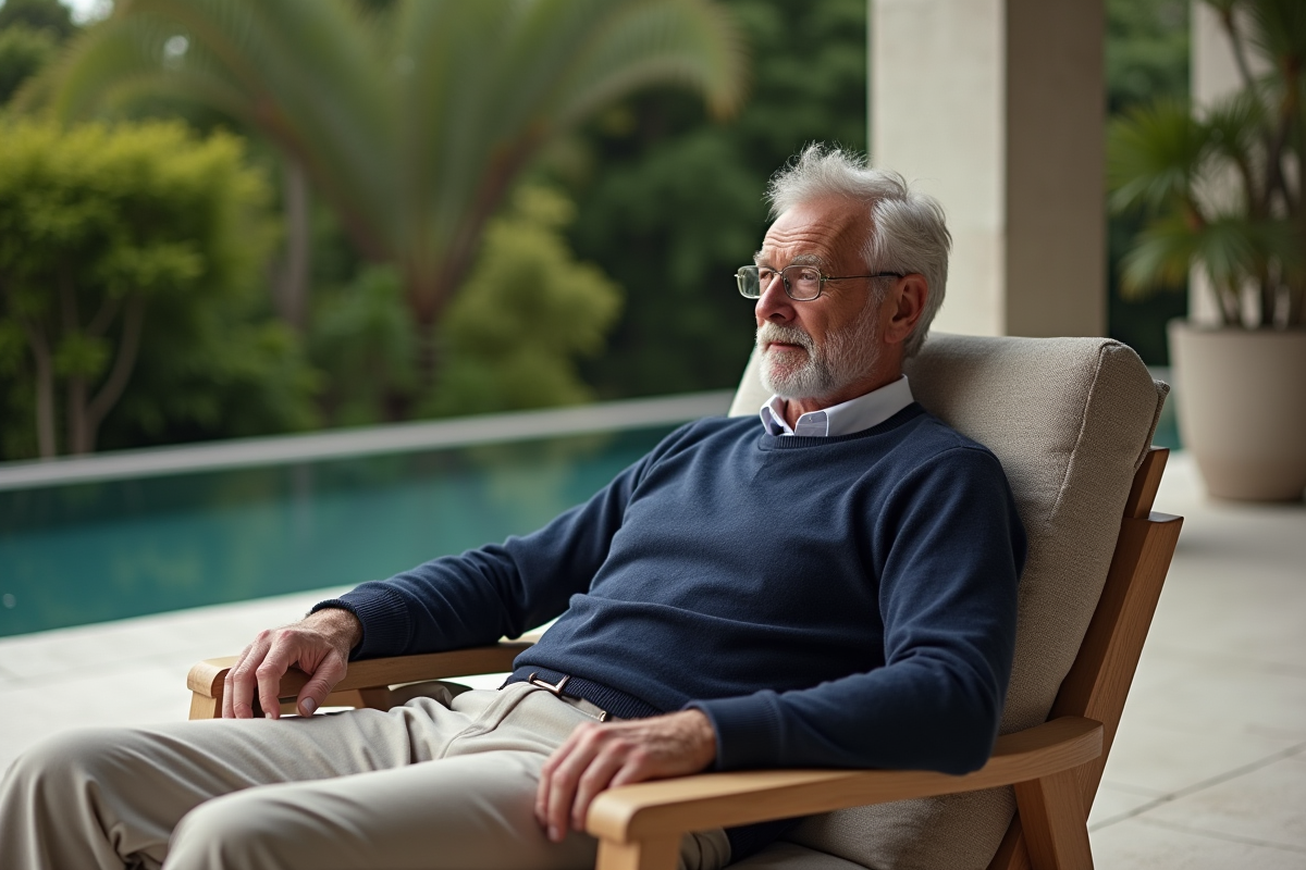 Homme détendu sur terrasse avec jardin verdoyant