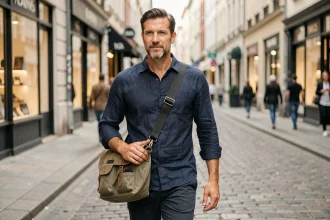 Homme portant une grande sacoche bandoulière rembourrée en ville, strap large anti-douleur épaule