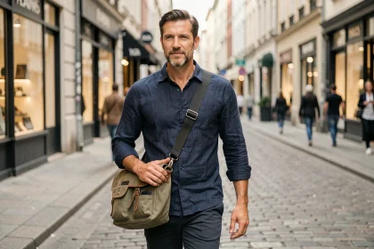 Homme portant une grande sacoche bandoulière rembourrée en ville, strap large anti-douleur épaule
