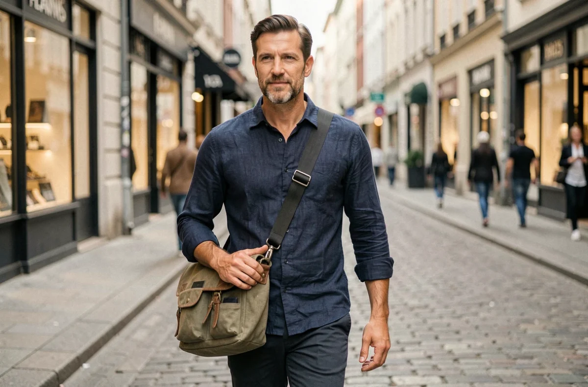 Homme portant une grande sacoche bandoulière rembourrée en ville, strap large anti-douleur épaule