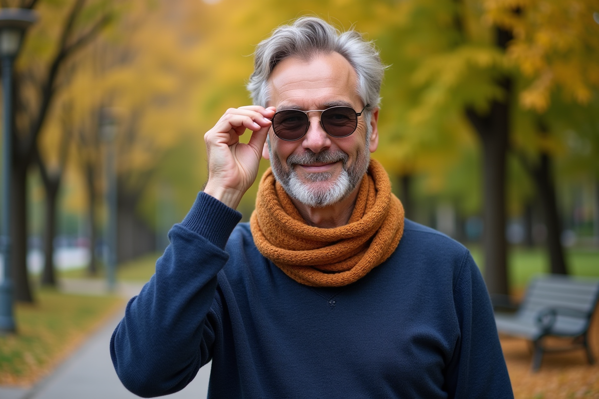 Homme souriant ajustant ses lunettes dans un parc automnal