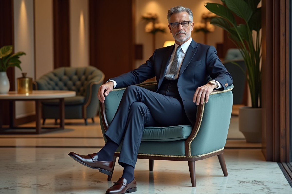 Homme en costume dans un lobby de boutique raffinée