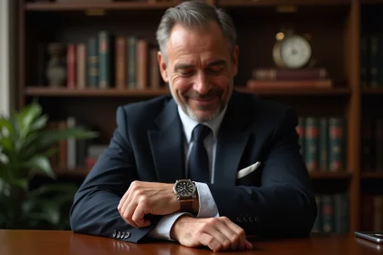 Homme en costume élégant admirant sa montre au bureau