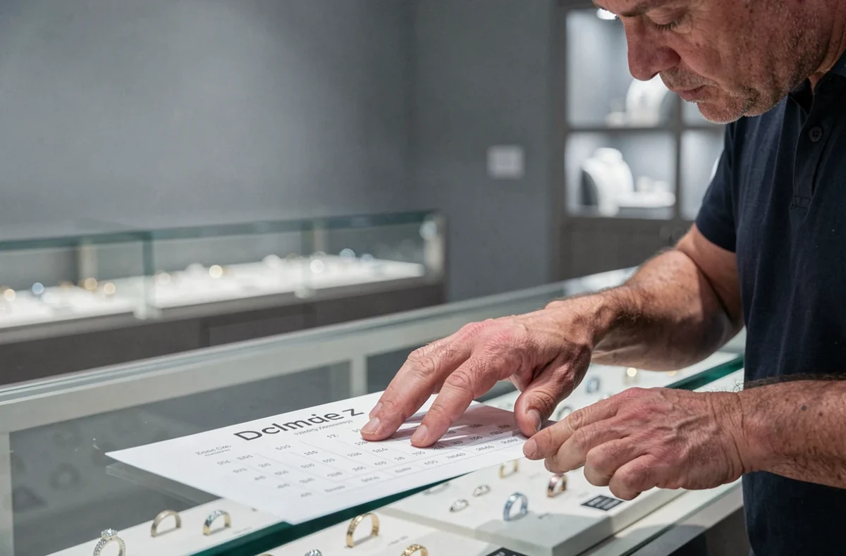 Homme comparant la taille de son doigt sur un tableau de correspondance des tailles de bagues dans une bijouterie moderne