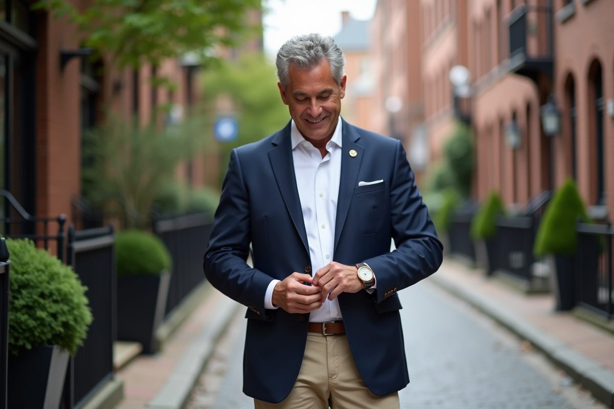 Homme d'âge moyen en blazer navy dans une rue chic