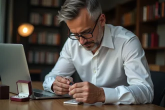 Homme d'âge moyen examinant une bague en argent avec loupe