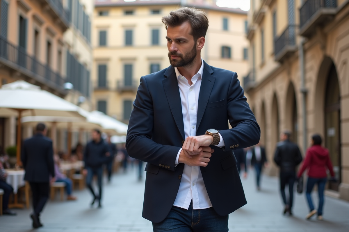 Homme élégant regardant sa montre dans une place urbaine