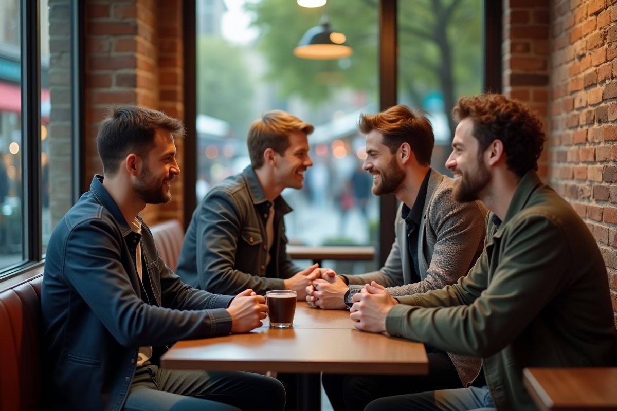 Trois hommes dans un café regardant des femmes passer