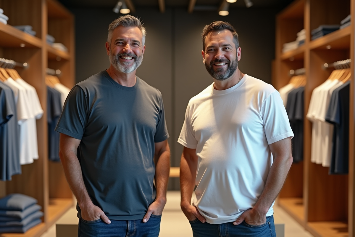 Deux hommes d'âge moyen souriants comparant leurs t-shirts dans une boutique