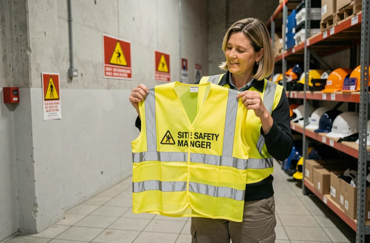Responsable sécurité inspectant un gilet jaune haute visibilité avec bandes réfléchissantes personnalisées dans un entrepôt d'équipements de protection