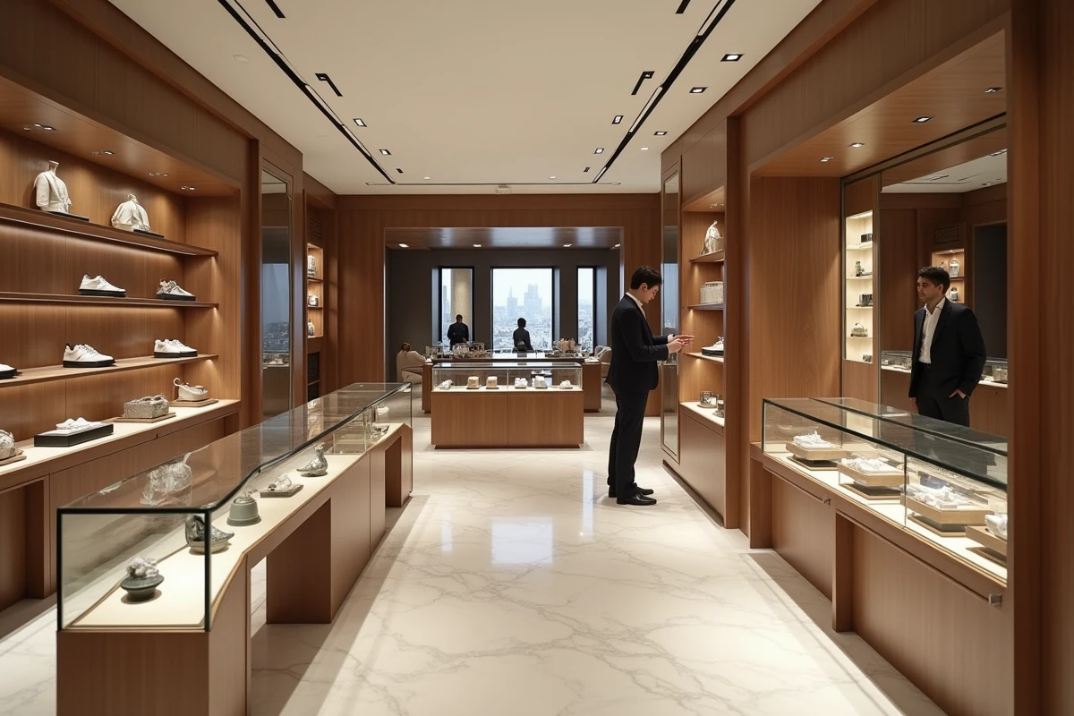 Intérieur d'une boutique haut de gamme sur les Champs-Élysées avec décor luxueux et vendeurs