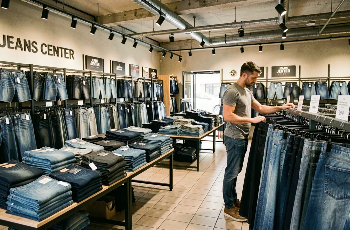 Intérieur d'un magasin Jeans Center dans l'agglomération lyonnaise avec des rayons de jeans denim pour homme et femme