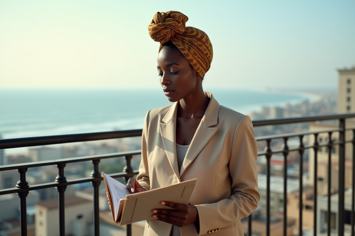 Jeune créatrice sénégalaise regardant son croquis en extérieur