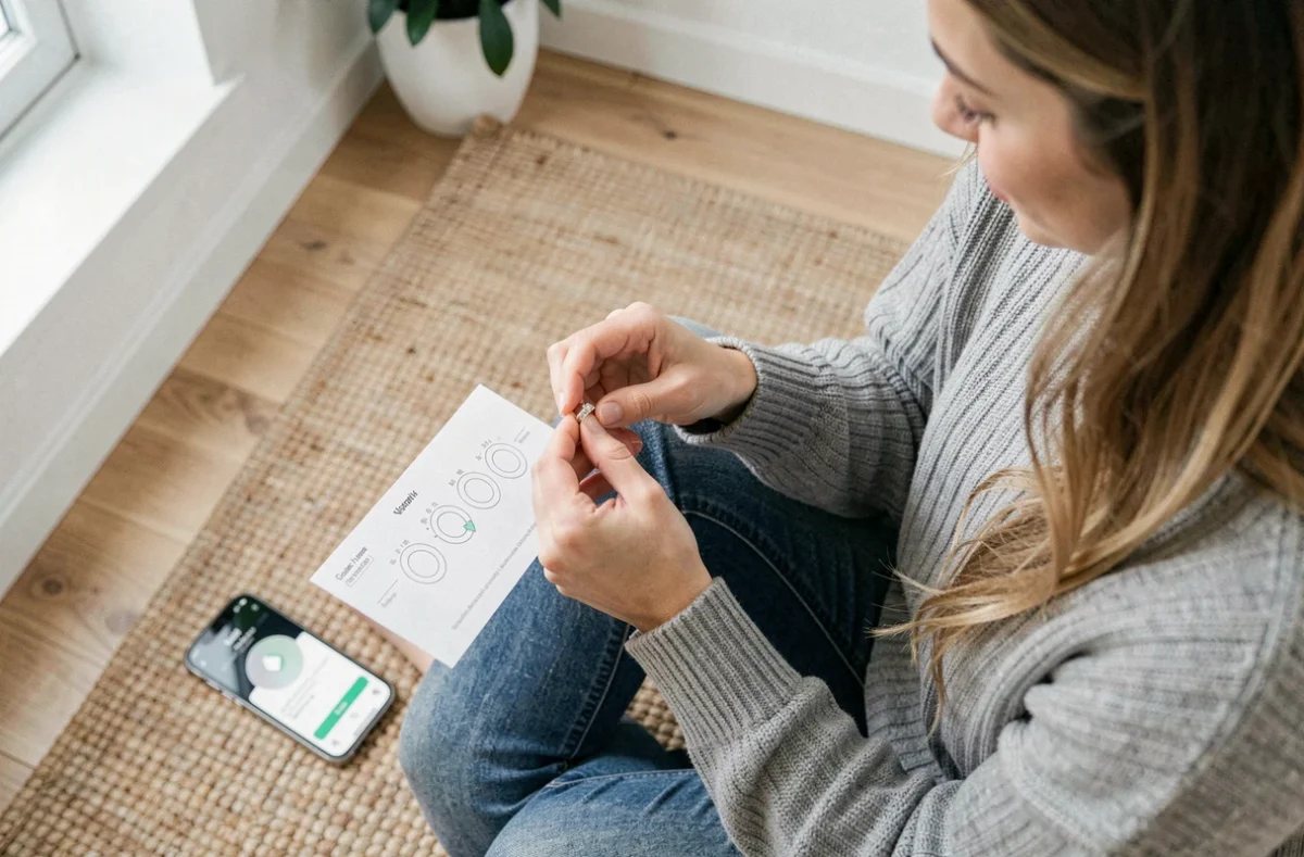 Jeune femme utilisant une bague existante et un guide imprimé pour mesurer la taille de son doigt sans baguier à la maison