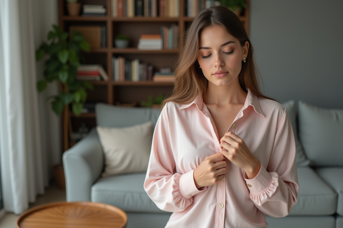 Jeune femme examine les coutures d'une blouse pastel