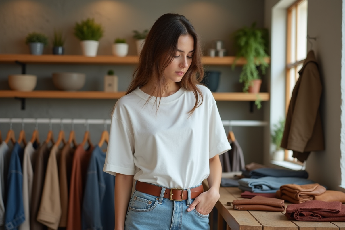 Jeune femme choisissant une ceinture en boutique minimaliste