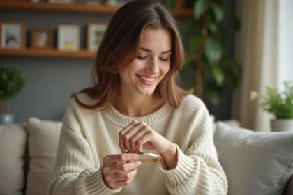 Jeune femme ajustant un bracelet en or personnalisé