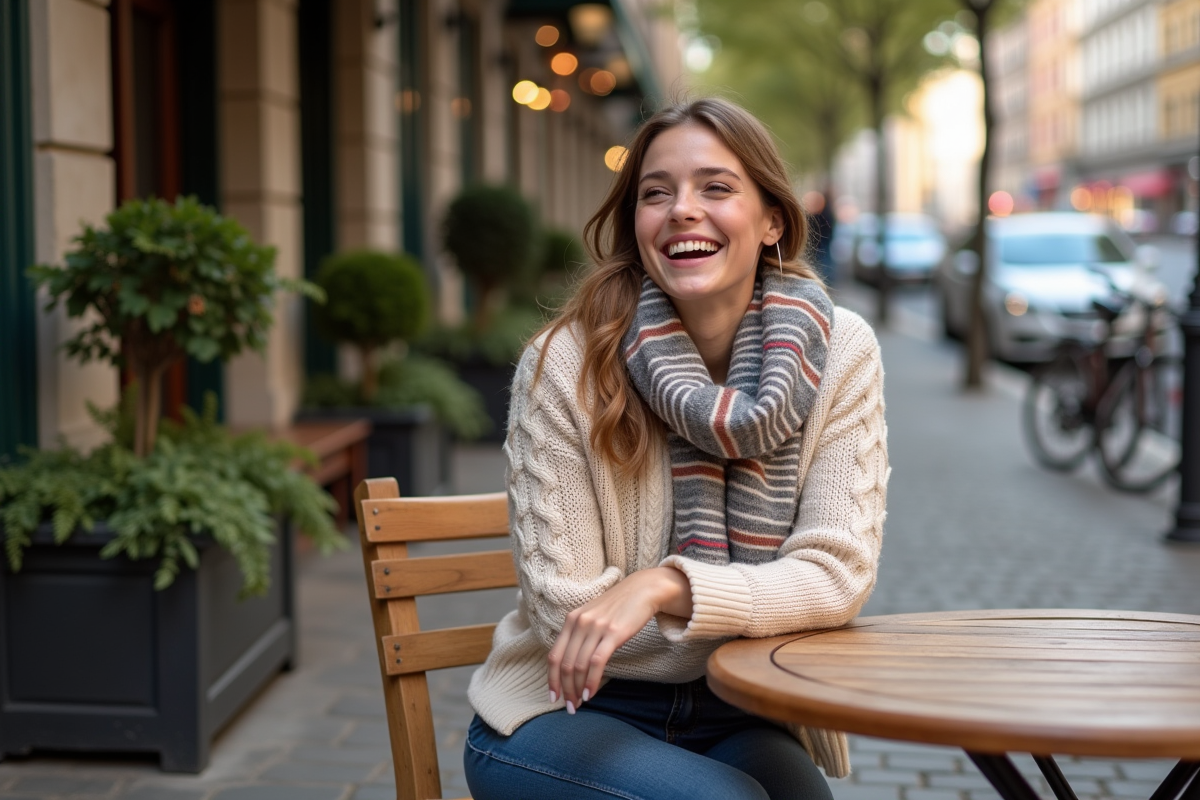 Jeune femme souriante au café en terrasse en plein air