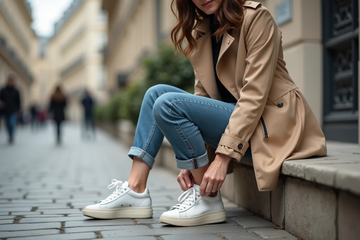 Jeune femme à Paris en train de lacer ses sneakers en cuir
