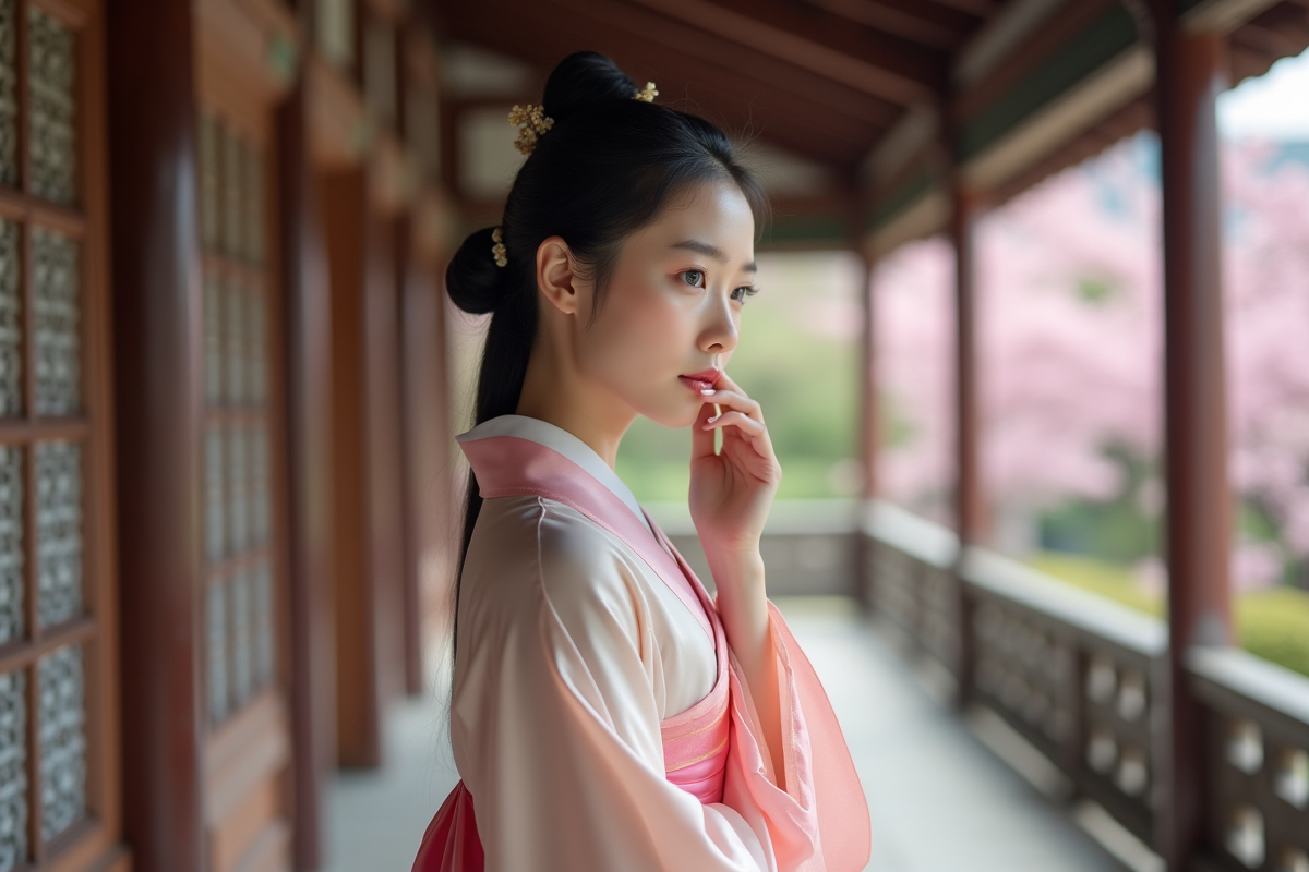 Jeune femme asiatique en hanbok pastel devant un pavillon