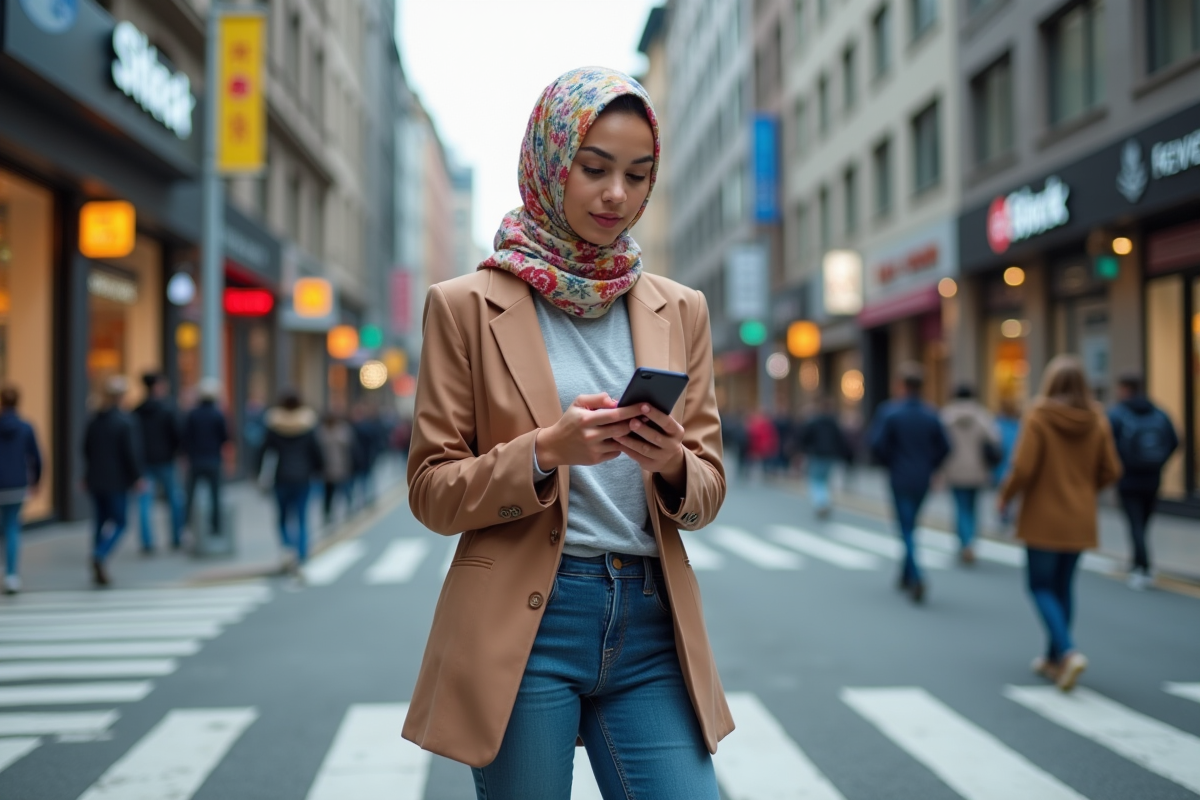 Jeune femme en hijab floral dans une rue animée