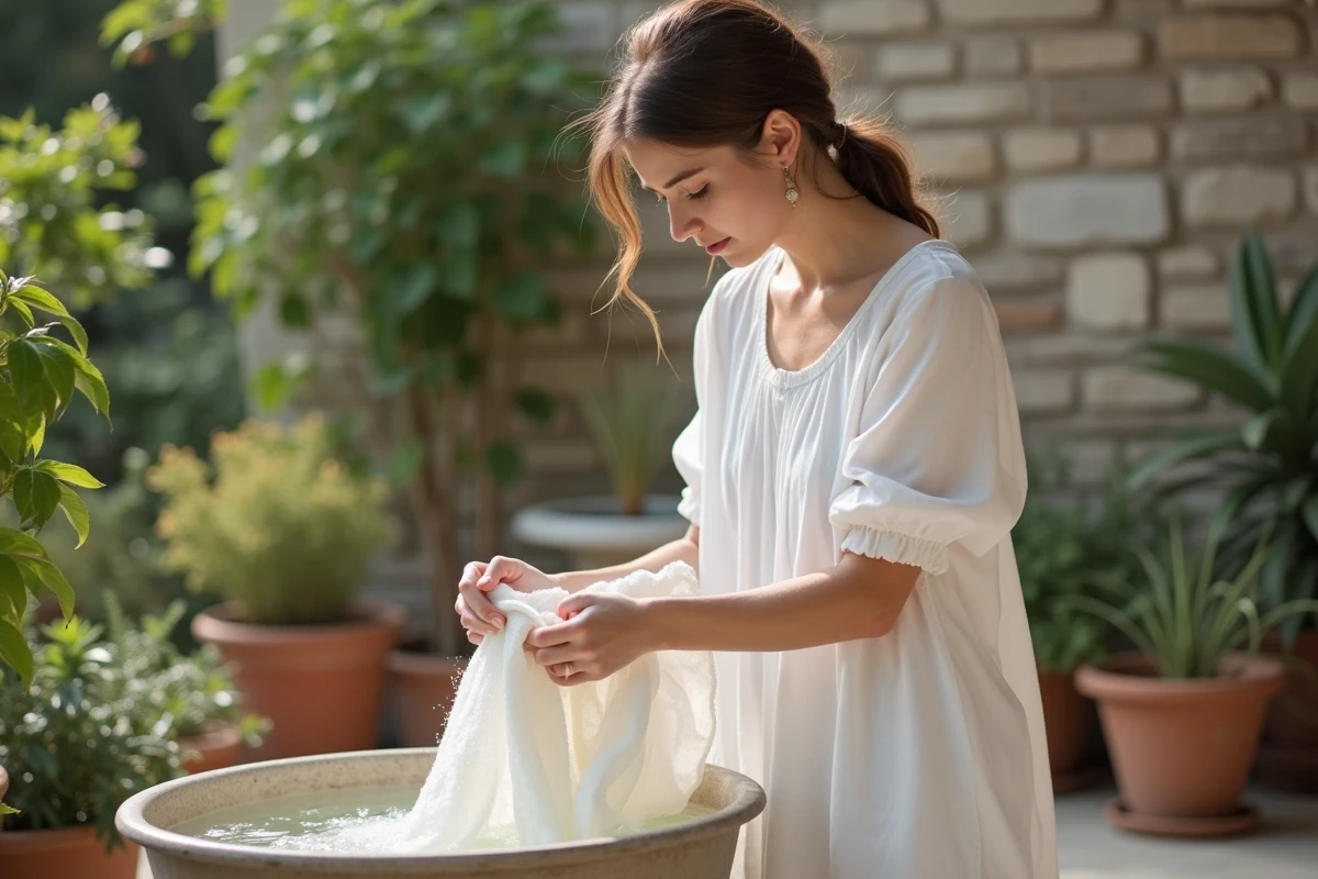 Jeune femme lavant à la main un vêtement en coton dans un patio vert