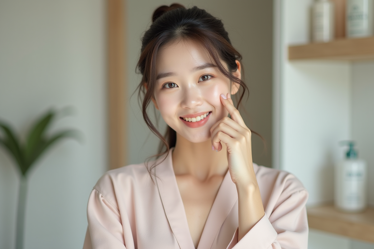 Jeune femme coréenne souriante et naturelle en salle de bain