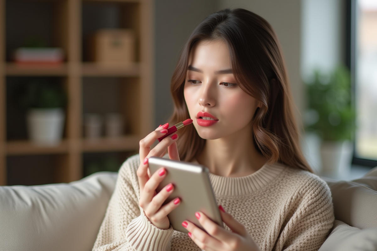 Jeune femme appliquant du rouge à lèvres dans un salon cosy