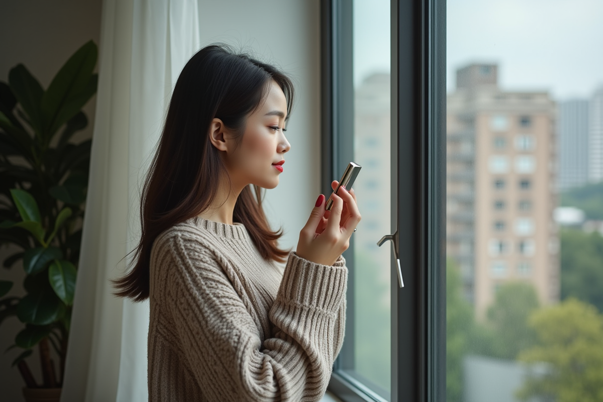 Jeune femme appliquant du rouge à lèvres près d