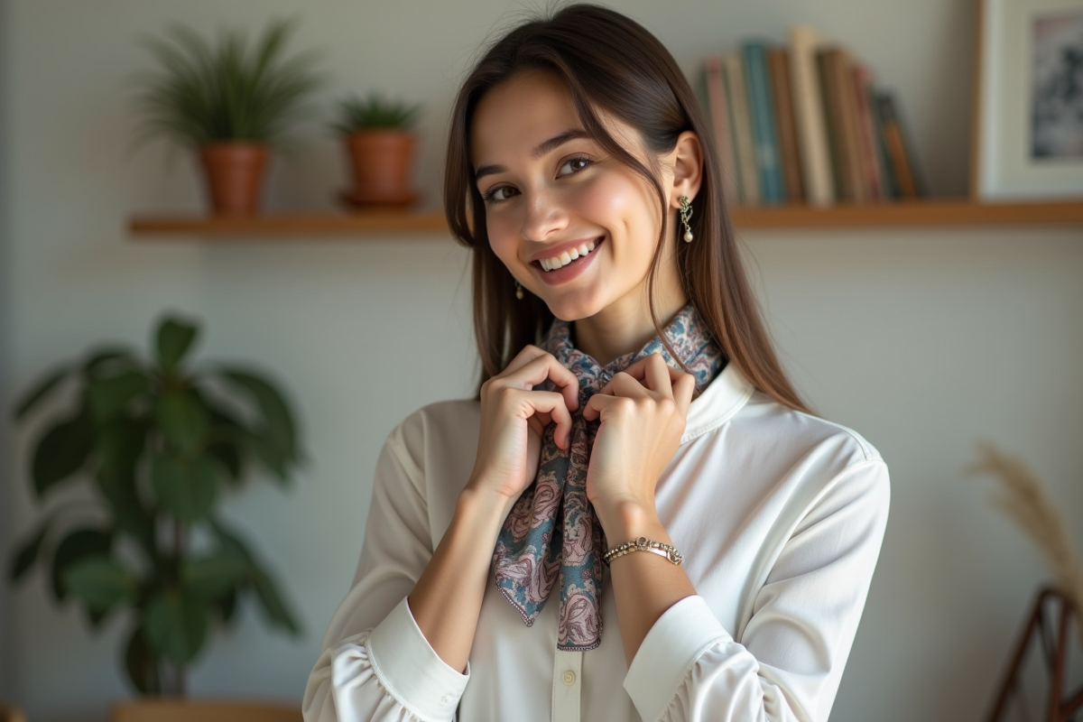 Jeune femme portant un foulard en soie dans un intérieur lumineux