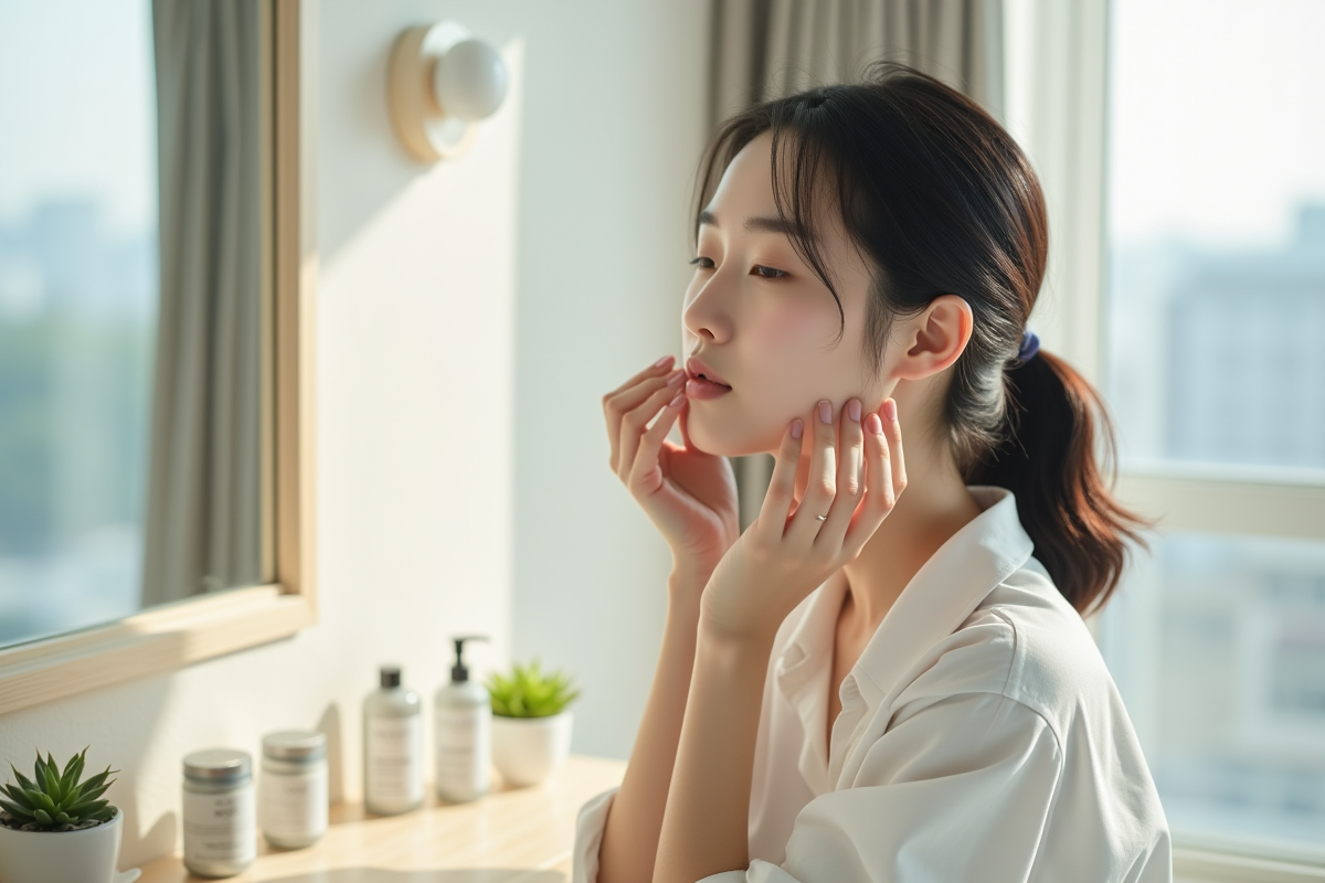 Jeune femme coréenne appliquant une crème visage dans un intérieur lumineux