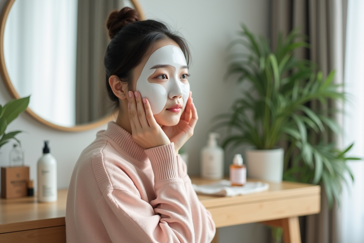Jeune femme coréenne appliquant un masque visage naturel