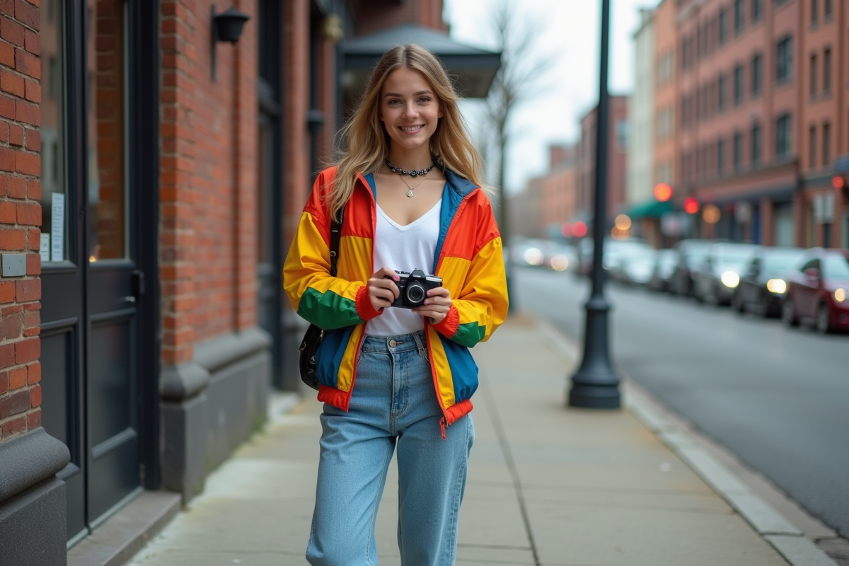 Jeune femme en style 90s dans la ville avec appareil photo