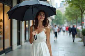 Jeune femme en robe blanche dans une ville animée