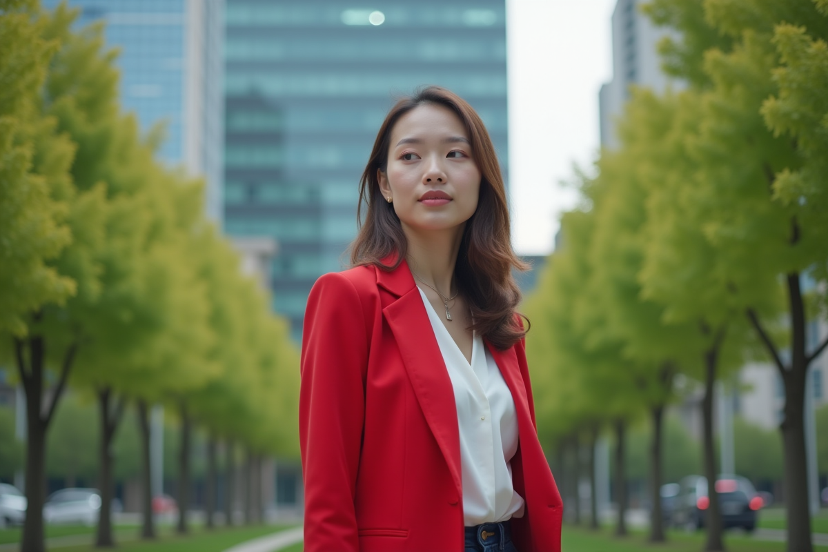 Jeune femme en blazer rouge dans un parc urbain