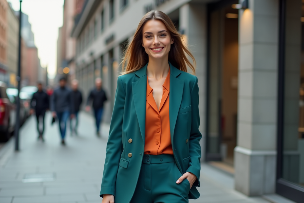Jeune femme élégante en blazer teal dans une ville moderne